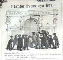 Utanför Sveas nya hus. Bildskämt i Söndags-Nisse – Illustreradt Veckoblad för Skämt, Humor och Satir, nr 33, den 12 augusti 1866