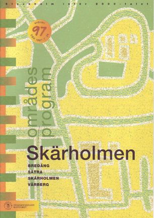 Framsida områdesprogrammet med grön och svart text mot förenklad design av gatunät i grönt och gult