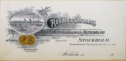 Brevhuvud tryckt i svart och guld med bild på vatten och stad, dekorationer samt text.