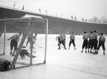 Stadion. Bandylandskamp mellan Sverige och Finland. Svenskt frislag vid finska målet. "Sladden" Bergström har kommit fri men målvakten räddar