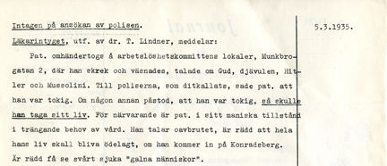 Utdrag från patientjournal från Beckomberga sjukhus, del 1