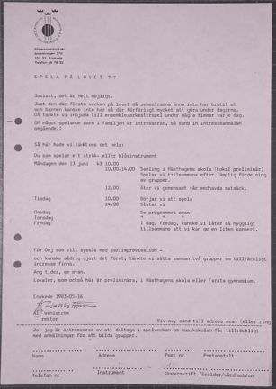 Maskinskriven inbjudan från kommunala musikskolan att komma och spela på sommarlovet