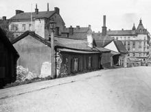 Borgmästargatan 14-10 norrut från Vita Berget. Huset i fonden är Bondegatan 41, kv. Pahl. Nuv. Mäster Pers Gränd