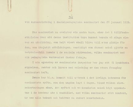 Avslutningstal vid Socialpedagogiska seminariet 1939