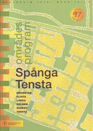 Framsida områdesprogrammet med grön och svart text mot förenklad design av gatunät i grönt och gult