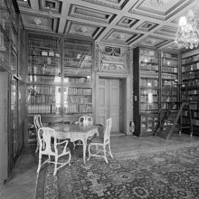 Grev Turegatan 12. Restaurant Tattersall. Byggnadsdetaljer i biblioteket