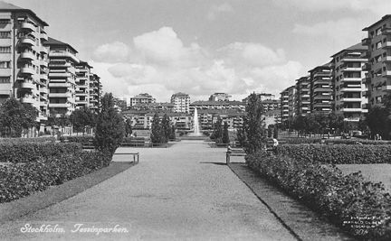 Tessinparken sedd mot nordost. Nybyggda hus i Gärdesstaden