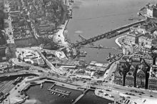 Flygfoto över Slussen under pågående ombyggnadsarbeten åren 1930-1935