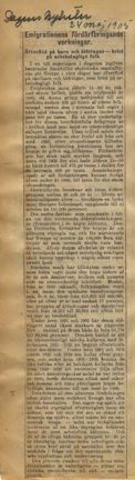 Artikeln "Emigrationens fördärvbringande verkningar" ur Dagens Nyheter 1905.