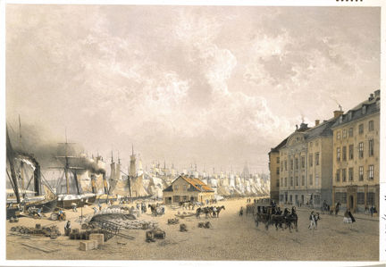 Kajen vid Skeppsbron med en lång rad skepp och arbete med lastning och lossning.