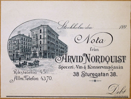 Fakturahuvud tryckt i svart med bild på gata, fasader och hästar samt text.