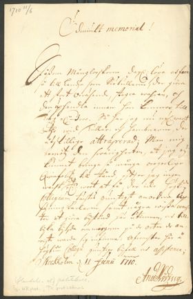 Anders Rödings skrivelse till Politikollegium 1710.