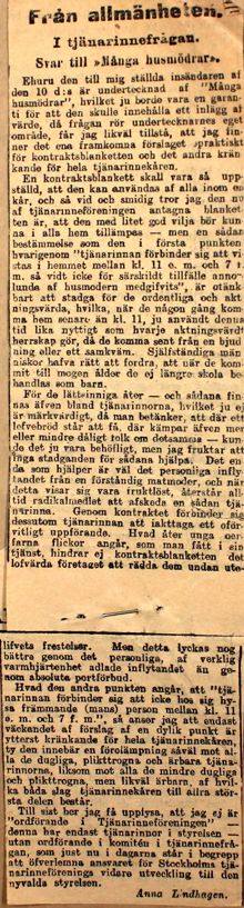 Svar från Anna Lindhagen i ”tjänarinnefrågan”