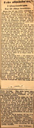 Tidningsnotis med svar från Anna Lindhagen i tjänarinnefrågan