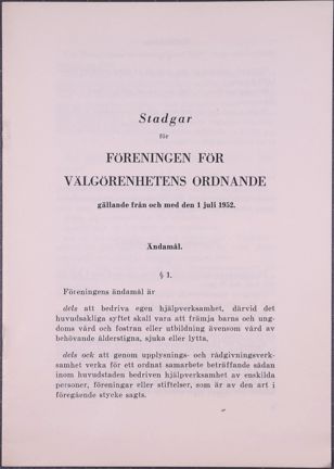 Tryckta stadgar för Föreningen för välgörenhetens ordnande (F.V.O.) 1952