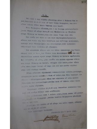 Polisrapport om Hinke Bergegrens tal "Kärlek utan barn" 1910.