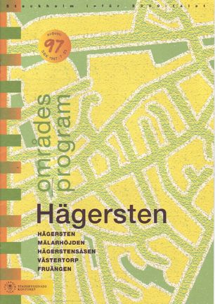 Framsida områdesprogrammet med grön och svart text mot förenklad design av gatunät i grönt och gult