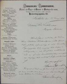 Stockholms gummifabrik anmäler anställd till polisen på brevpapper fullt med reklam 1876
