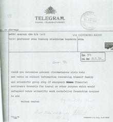 Telegram angående Nils Bohrs säkerhet efter tyska invasionen av Danmark, 1940