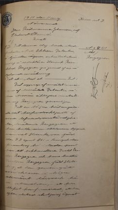 Första sidan i det digra rättegångsmaterialet gällande åtalet av Hinke Bergegren i Stockholms Rådhusrätt 1910. 