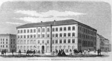Stockholms Slöjdskola. Efter arkitektens ritning, tecknad på trä af F. Meijer. Teckning i Ny Illustrerad Tidning nr 23, den 9 juni 1866