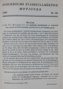 Motion angående framförande av önskemål från staden att Taxi anordnar speciell service för handikappade - Stadsfullmäktige 1969