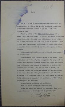 Rösträttsmöte anordnat av Socialdemokratiska Kvinnornas Samorganisation - polisrapport 1914 