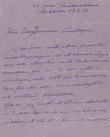 Kvinnors rösträtt - tackbrev till Carl Lindhagen från Ann Margret Holmgren 1917 
