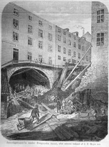 Jernvägstunneln under Fengerska huset efter naturen tecknad af J. F. Meyer s:or. Litografi i Illustrerad Tidning, nr 22 den 3 juni 1865.