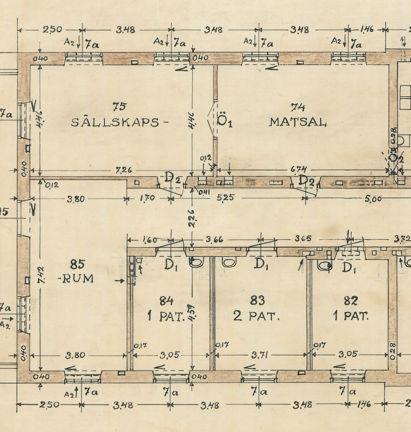 Ritning, paviljong 10B, för rumspatienter, en trappa, Beckomberga sjukhus, utsnitt