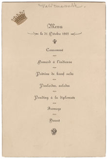 Meny från prins Eugens invigningsmiddag på Waldemarsudde 1905