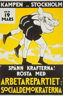 Kampen om Stockholm den 19 mars. Spänn krafterna! Rösta med Arbetarepartiet Socialdemokraterna. [Valaffisch]