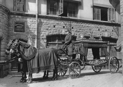 Två hästar med dekorerade täcken och huvor drar en katafalk med kusk.