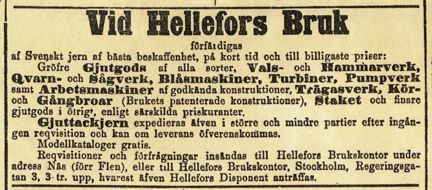 Svart text på gul bakgrund i form av en annons för Hellefors bruk. 