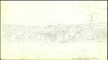 Blyertsteckning, vy över Stockholm, april 1829