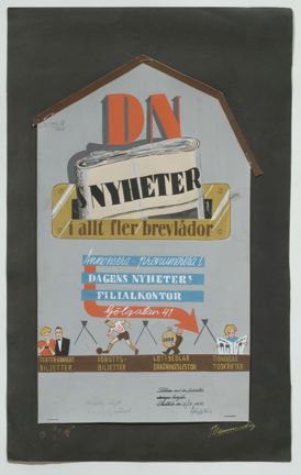 Målning med reklam i många färger. Arket är svart och husgaveln grå med reklambild i rött, vitt, svart, guld, blått och brunt.