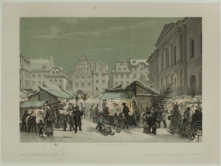 Julmarknad på Stortorget med stånd och fullt av människor