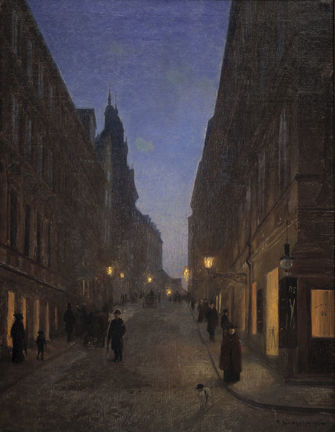 Hamngatan i den blå timmen på kvällen, upplyst av gaslyktornas och skyltfönstrens sken
