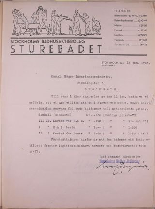 Maskinskriven text om rabatt på Sturebadet för Högre lärarinneseminariets elever