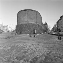 Östermalmsfängelset sett från Karlavägen. T.v. går Uggelviksgatan och t.h. Rådmansgatan