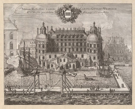 Karl Gustaf Wrangels palats i Stockholm mot Mälaren - gravyren är hämtad från Suecia antiqua et hodierna