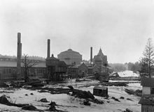 Stockholms gasverk i Hjorthagen. I bakrunden gasklocka
