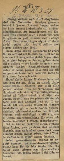 Emigration och vit slavhandel till Kanada, ur Stockholms Dagblad 1907