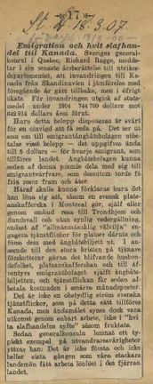 Emigration och vit slavhandel till Kanada, ur Stockholms Dagblad 1907.