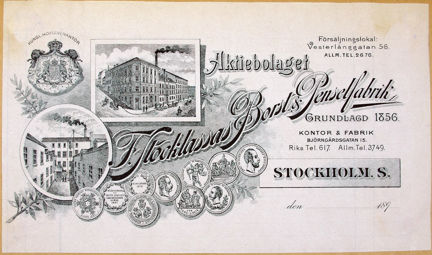 Svartvitt fakturahuvud med bild på fabriksbyggnader och emblem samt text.