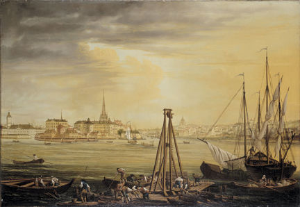 Oljemålning med stockholmsvy: Riddarholmen, Riddarhuset och Södermalm