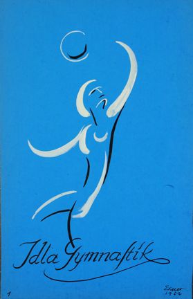 Teckning föreställande idlaflicka med boll, år 1950