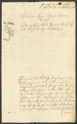 Änkan Brigitta Berndtz supplik till Handelskollegiet. Framsidan.