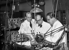 Solnavägen 1. Medicinsk läkarstämma på Karolinska institutet. Demonstration av hjärnbarkens elektriska aktivitet på en apa. Fr. v. Dr. I. Petersén, Prof. C. G. Bernhard och Dr. E. Bohn
