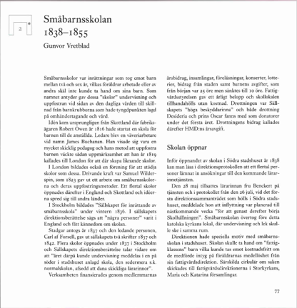 Framsidan av artikeln Småbarnsskolan 1838-1855